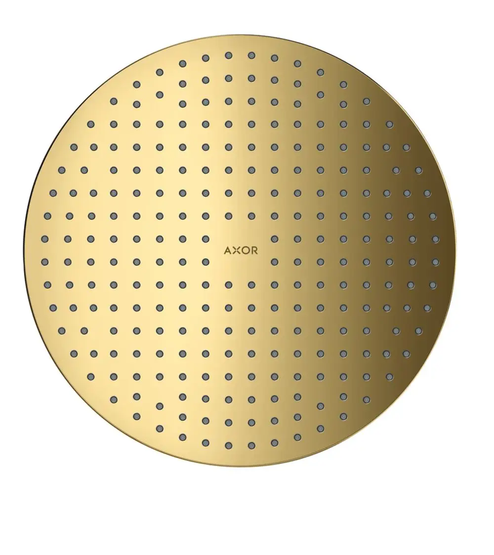 Runde Kopfbrause in glänzendem Gold mit gleichmäßigen Düsen, markiert mit "AXOR", aus rechteckigem Design für Deckenmontage.